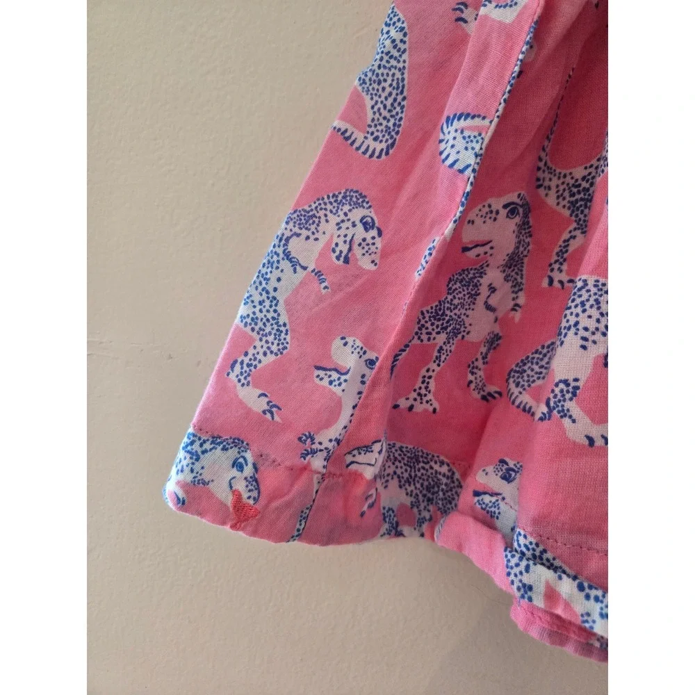 Pink Chicken New York Girls Pink Blue Dinosaur Print Cotton Tie Back Dress 4Y